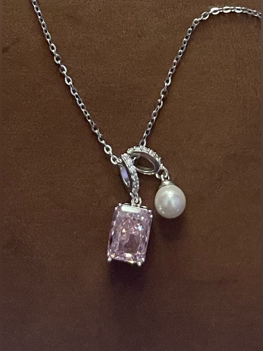 Sterling Silver Pink Crystal Pendant Necklace with Pearl Accent